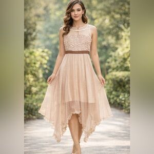 WALTZ Illusion 3D Rose netted neck handkerchief hem flowy midi dress size S Y2K
